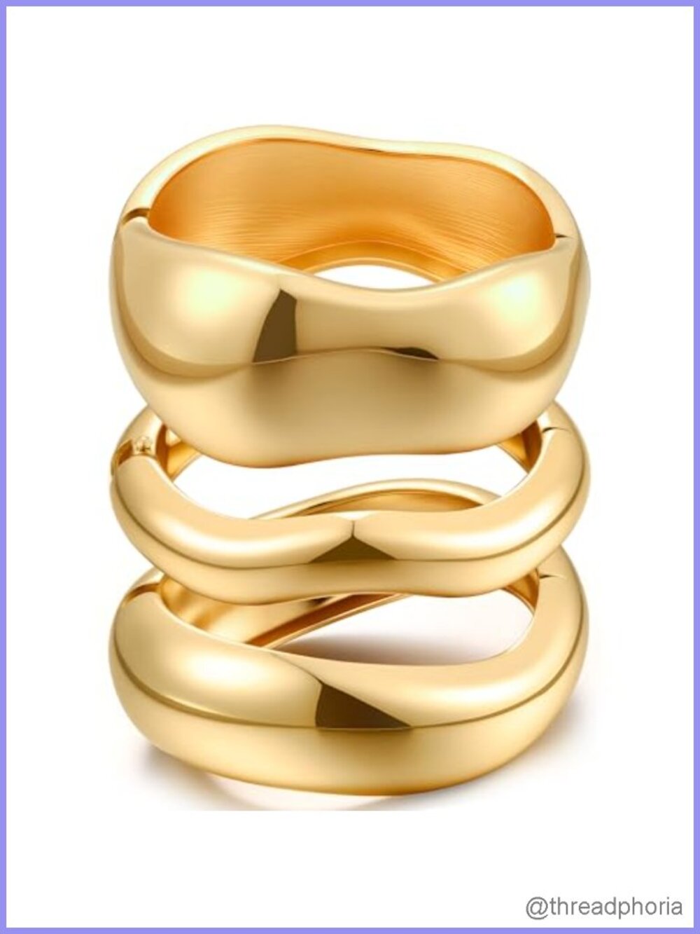14k Gold Plated Bangle Bracelets Set, 3-Piece Stackable Cuff, Chunky Dainty